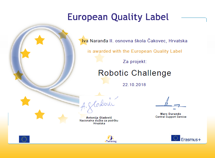 eTwinning Europska oznaka kvalitete Robotic Challenge Narana