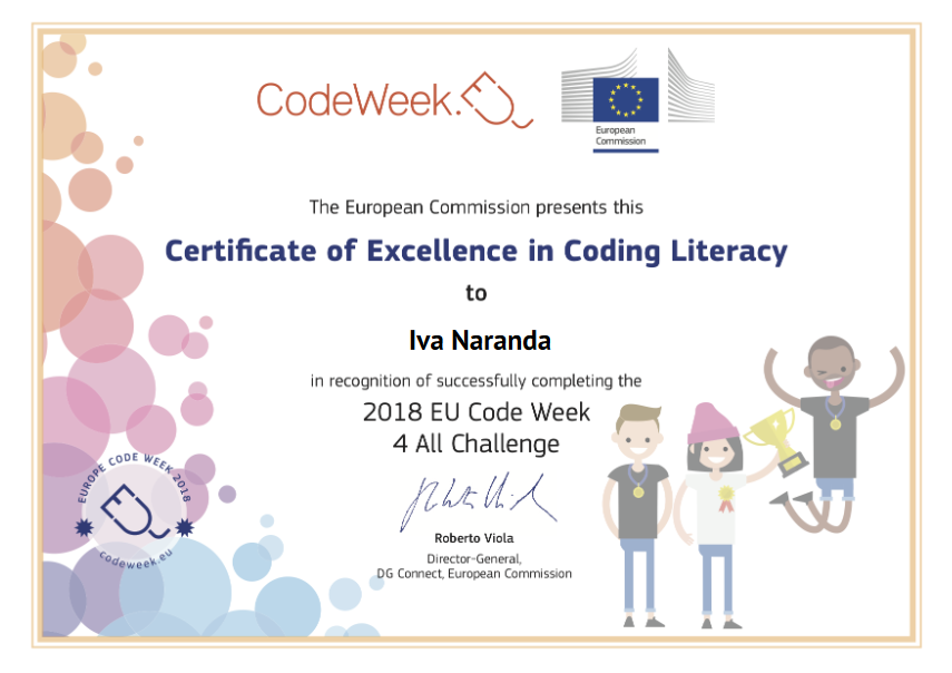 CodeWeek Certificate of Excellence in Coding Literacy, 2018 EU Code Week 4 All Challenge