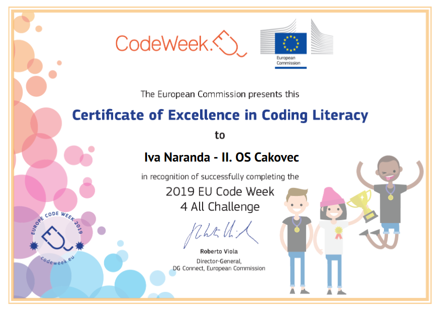 Certificate of Excellence in Coding Literacy, 2019 EU Code Week 4 All Challenge